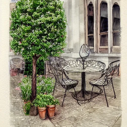 Image similar to delicate, chairs, globes, garden, paved, botanic watercolors, iridescent, 8 k, realistic shaded, fine details, artstation, italian, iron gate, tree, mediterranean