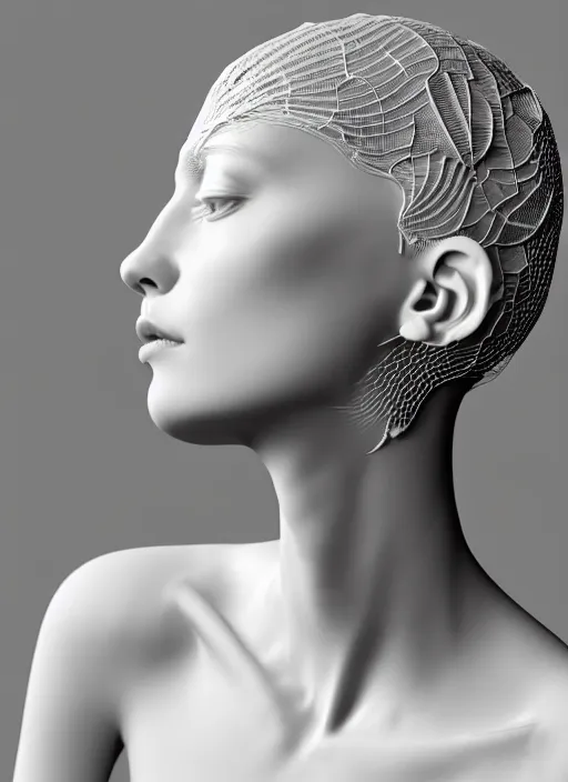 Image similar to complex 3d render ultra detailed of a beautiful porcelain profile young woman face, biomechanical cyborg, 200 mm lens, volumetric lighting, beautiful studio soft light, rim light, silver white gold red details, magnolia big leaves achromatic and stems, roots, fine foliage lace, mesh wire, Alexander Mcqueen high fashion haute couture, art nouveau fashion embroidered, intricate details, hyper realistic, ultra detailed, mandelbrot fractal, anatomical, facial muscles, cable wires, microchip, elegant, octane render, H.R. Giger style, 8k post-production, trending on Artstation