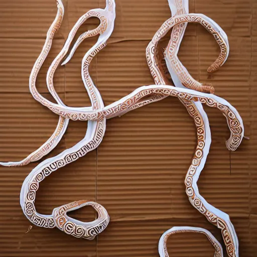 Image similar to cardboard cutout of tentacles, cut out of brown corrugated cardboard, realistic, cardboard cutout, flat, hyperrealistic photography