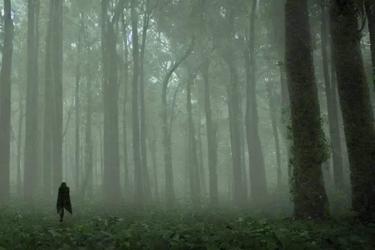 Image similar to a complex organic fractal 3 d ceramic humanoid megastructure in a lush forest, foggy, cinematic shot, photo still from movie by denis villeneuve