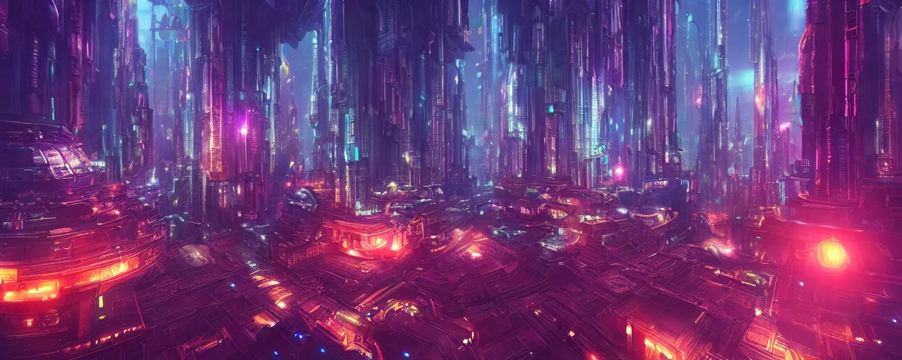 Prompt: ” otherwordly futuristic city at night, [ cinematic, detailed, epic, widescreen, opening, establishing, mattepainting, photorealistic, realistic textures, octane render, art by wlop and paul lehr ] ”