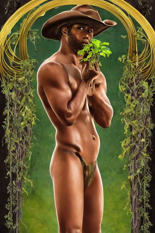 Prompt: a beautiful dramatic epic ethereal symmetrical painting of a handsome cowboy (smiling sadly) holding a green plant in his hands | he is dark skinned and shirtless and wearing a cowboy hat and is draped in ivy | background is an epic flames fire conflagration | tarot card, art deco, art nouveau | by Mark Maggiori | trending on artstation