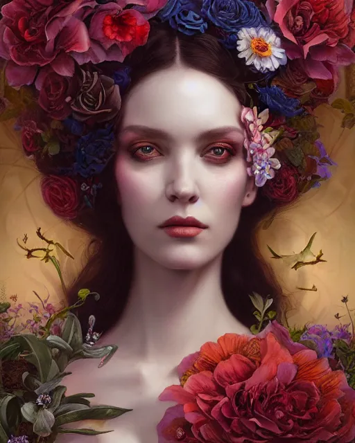 Image similar to portrait of the queen of the underworld, surrounded by flowers by karol bak, james jean, tom bagshaw, rococo, trending on artstation, cinematic lighting, hyper realism, octane render, 8 k, hyper detailed.