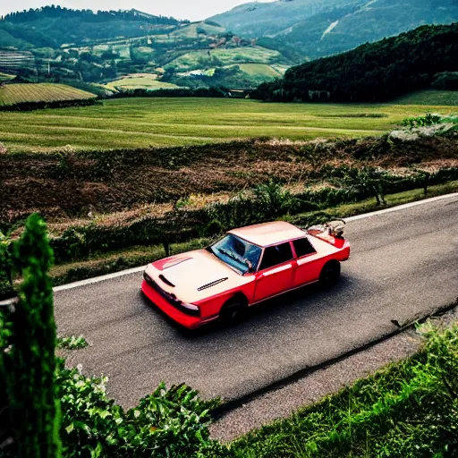 Prompt: bosozoku car speeding in the Italian countryside