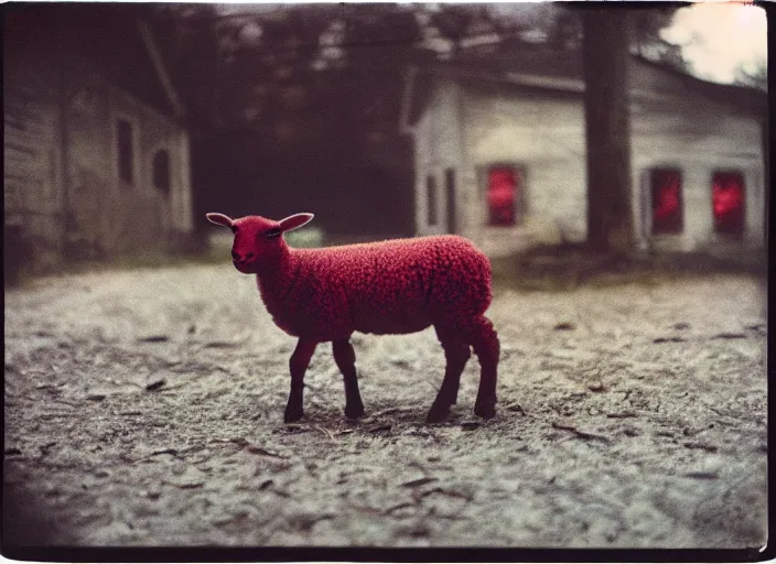 Image similar to medium shot, a lamb with red eyes, evil, horror, scary, night, polaroid photo, vintage, neutral colors, by gregory crewdson,