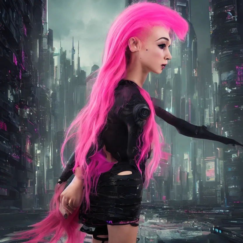 Prompt: stunning young cyberpunk girl + pink hair + black hoddy + flury skirt, living her dreams, mysterious, atmospheric, cinematic, Epic, 8k, 4k, ultra detail, ultra realistic, rendered by awesomeness