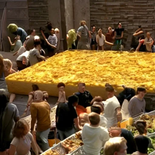 Prompt: a gathering of people trying to escape a dystopian city by climbing over a huge wall of mac n' cheese. still frame from a sci-fi movie.