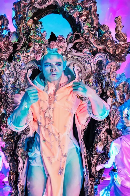 Image similar to full-body rococo and cyberpunk delicate neon crystalline sculpture of ((young muscular golden albino prince Joe Jonas)) as an blue iridescent humanoid deity wearing ((peach plastic hooded cloak)) (holding a human skull) in a black castle dungeon, reclining, glowing pink face, crown of (pink lasers), large blue diamonds, swirling black silk fabric. futuristic elements. oozing glowing liquid, full-length view. space robots. intricate artwork by caravaggio. Trending on artstation, octane render, cinematic lighting from the right, hyper realism, octane render, 8k, depth of field, 3D