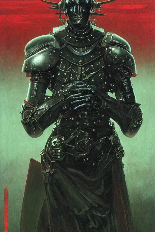 Prompt: portrait of gothic and futuristic young man, warhammer, cyber armor, a lot of scars, thunderstorm, black head, red eyes, some green, the middle ages, highly detailed, artstation, in the style of moebius, jugendstil and classic japanese print, art by greg rutkowski, jean delville