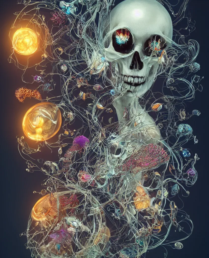 Image similar to close-up portrait goddess skull, thorax, x-ray, backbone, jellyfish phoenix head, nautilus, orchid, skull, betta fish, bioluminiscent creatures, intricate artwork by Tooth Wu and wlop and beeple. octane render, trending on artstation, greg rutkowski very coherent symmetrical artwork. cinematic, Triadic color scheme, hyper realism, high detail, octane render, 8k