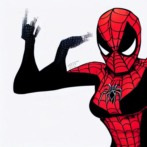 Prompt: female spiderman, mask covering mouth, eyes visible, medium shot, bruce timm, j. scott campbell, andy hartnell, inked, tight fit, curvaceous, slim, stuck against a wall