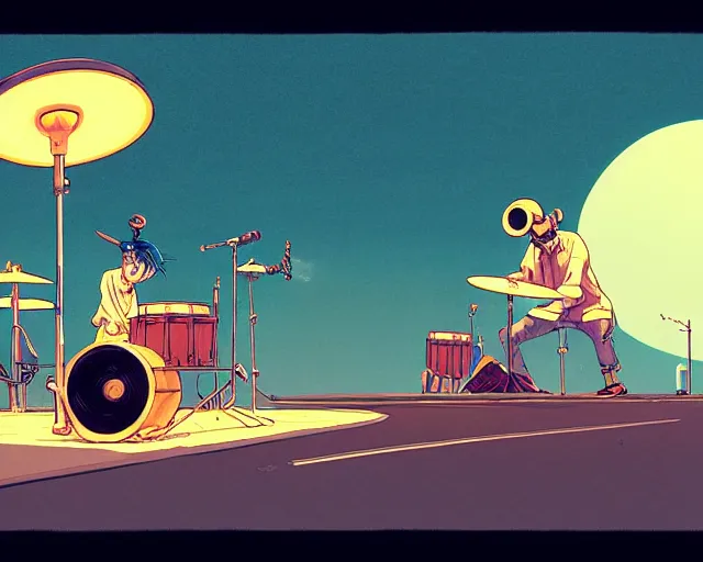 Image similar to a study of cell shaded cartoon of a two man band playing a microKorg synthesizer and drums floating above a country road, street lamps, road, illustration, wide shot, subtle colors, post grunge, concept art by josan gonzales and wlop, by james jean, Victo ngai, David Rubín, Mike Mignola, Laurie Greasley, highly detailed, sharp focus, Trending on Artstation, HQ, deviantart, art by artgem