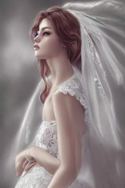 Prompt: Beauty in Wedding Dress with lace portrait by Artgerm and WLOP on pixiv