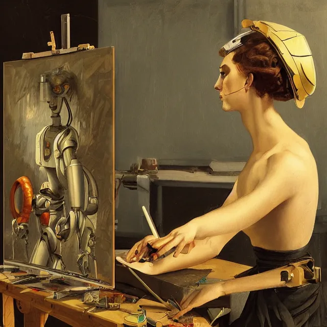 Prompt: robot artist painting a self - portrait on a canvas. intricate, highly detailed, digital matte painting, in the style of alexandros pyromallis, and in the style of boris groh, and in the style of hans thoma, and in the style of gil elvgren. irony, recursion, inspiration.
