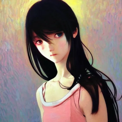 Prompt: a beautiful youth teenage psychotic skinny popular girl in school, angry eyes, soft skin, magnificent art by ilya kuvshinov, claude monet, range murata, artgerm, norman rockwell, alphonse mucha, highly detailed intricately sharp focus, bedroom eyes trending on pinterest, tiktok 4 k uhd image