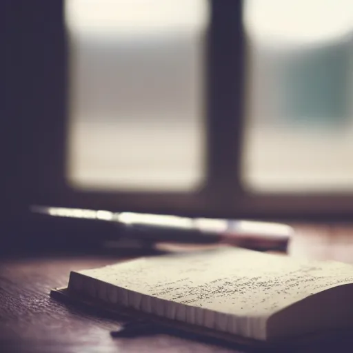 Image similar to highly detailed close up photo of an old worn notebook on wooden table, old table, feather pen, light coming out of near window, moody lighting, dust in air