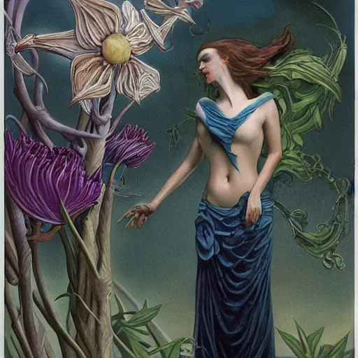 Image similar to woman commands flower creatures, by gerald brom