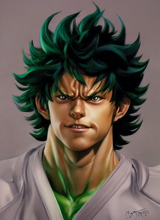 Image similar to a epic portrait of izuku midoriya, art by boris vallejo and greg danton and denys tsiperko, detailed, hyperrealism, artstation