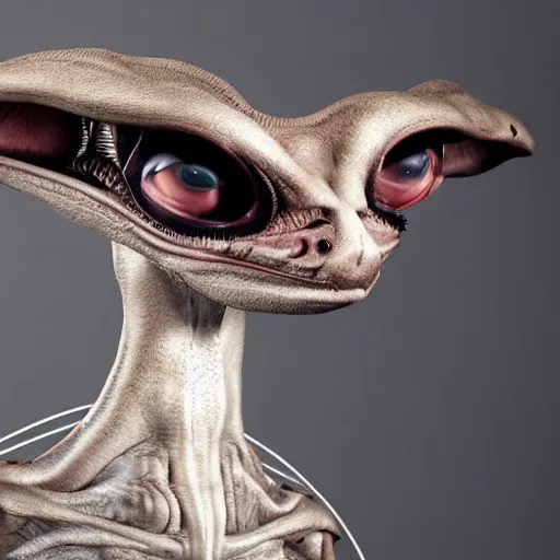 Image similar to an alien pet creature with weird features, looking inquisitively at the camera, studio lighting