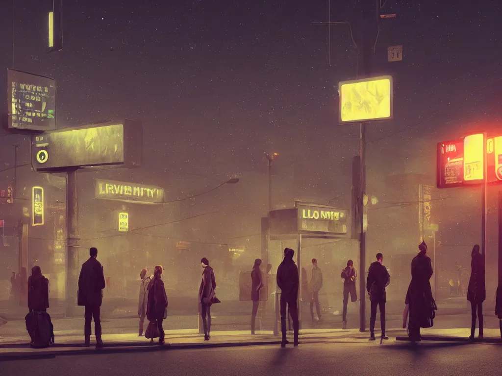 Image similar to few people waiting in a bus stop in dark city night, Low level, rendered by Beeple, Makoto Shinkai, syd meade, simon stålenhag, environment concept, synthwave style, digital art, unreal engine, WLOP, trending on artstation, 4K UHD image, octane render