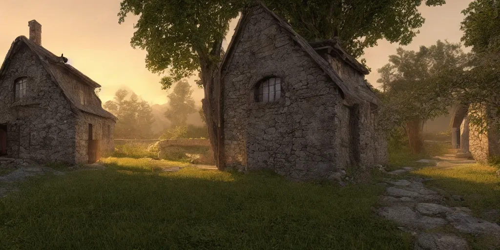 Image similar to a small medieval house near a river in the middle of two mountains at sunrise, concept art, hyperrealistic, trending on artstation, high quality, highly detailed, breathtaking landscape, path traced, clouds, soft lighting, soft colors, digital art, serene landscape, 8 k hdr, octane render, unreal engine 5