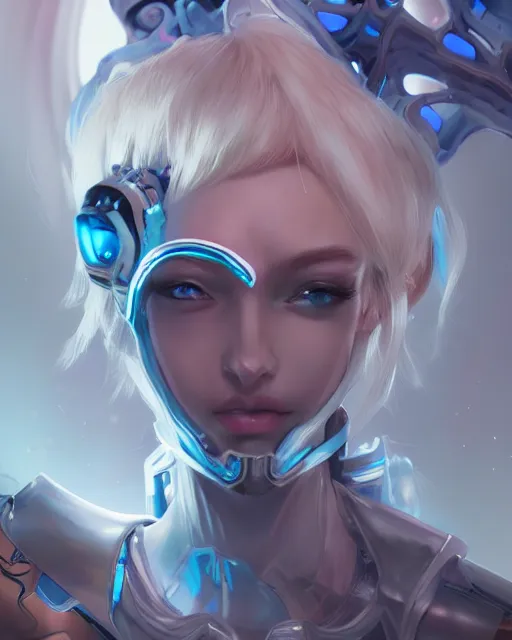 Image similar to holy cyborg necromancer girl, elegant, perfect face, scifi, futuristic, utopia, garden, illustration, atmosphere, top lighting, blue eyes, white hair, focused, artstation, highly detailed, art by yuhong ding and chengwei pan and serafleur and ina wong