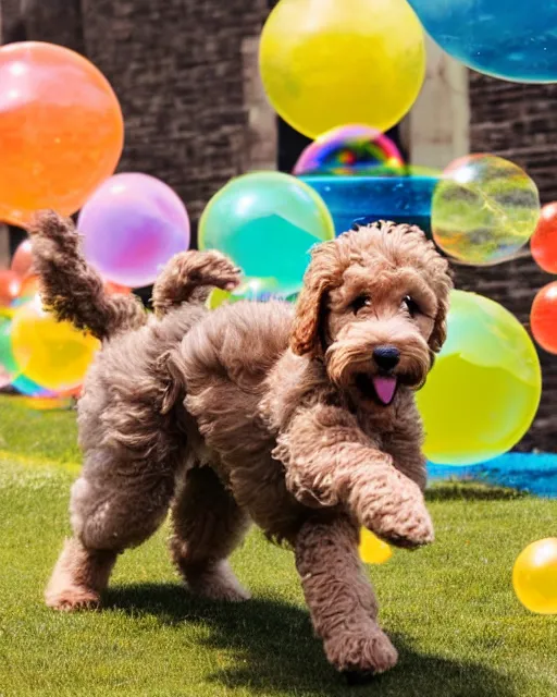 Prompt: stock photos of a golden doodle puppy chasing after giant soap bubbles in a studio