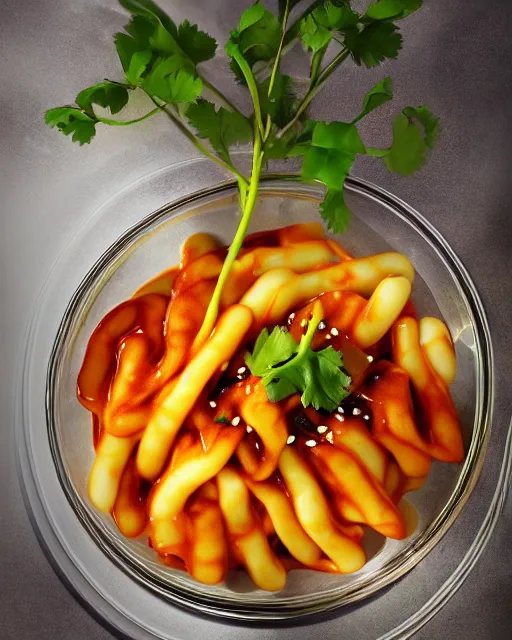 Prompt: realistic photo of delicious tteokbokki, bowl, glass, white kitchen table, cloth, onion, greenery, marble, highly detailed, by louise lister, sara ali, mary devinat, kailee mandel, masterpiece, award winning, food photography