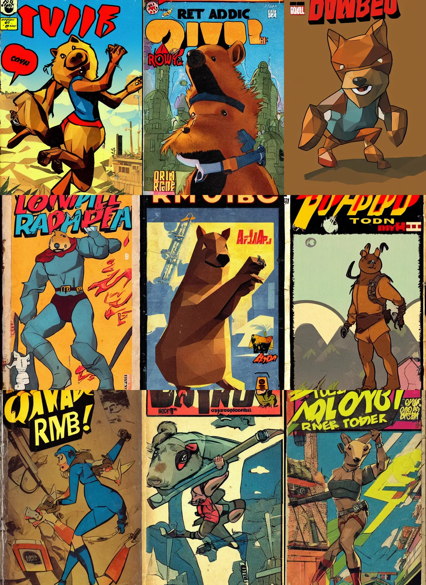 Prompt: retro comic book cover of an anthropomorphic capybara as a lowpoly tomb raider videogame
