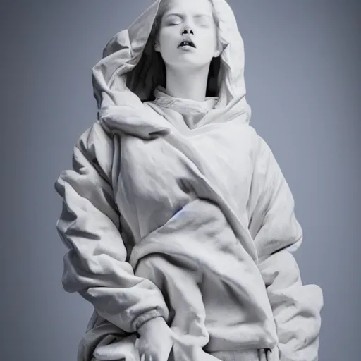 Image similar to well lit fashion shoot portrait of extremely beautiful female marble statue wearing huge over size puffer jacket by dingyun zhang, yeezy, balenciaga, vetements, a cold wall, sharp focus, clear, detailed,, cinematic, detailed, off white, glamourous, symmetrical, vogue, editorial, fashion, magazine shoot, glossy