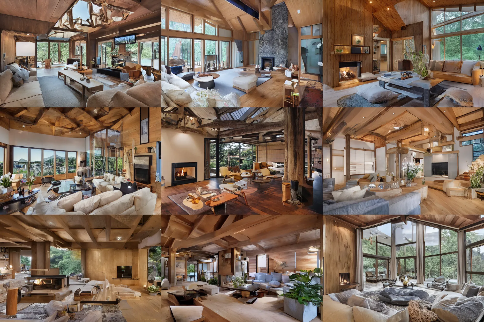 Prompt: luxurious wooden cottage, modern Japanese living room, Japanese flower arrangements, high-tech devices, traditional fireplace, real estate photography