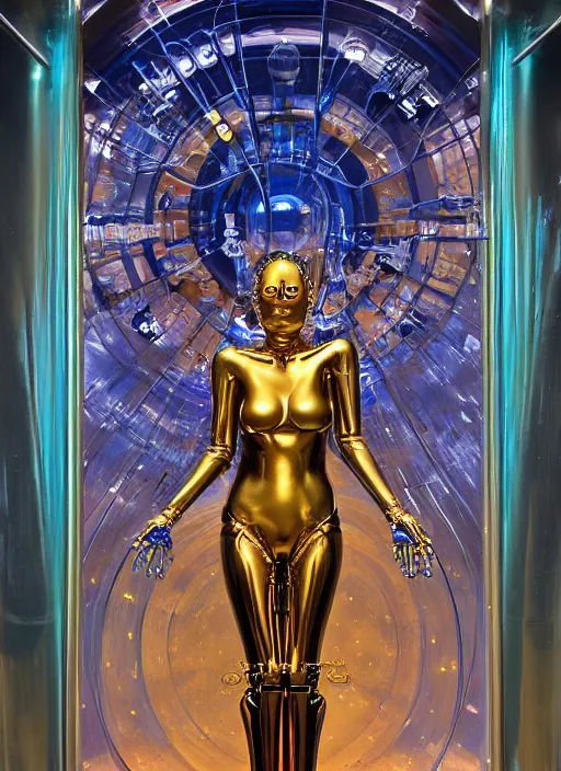 Image similar to Robotic beautiful oracle woman in silk golden robes posing in front of a science facility painted by Hajime Sorayama and Alberto Vargas, robotic bones , moebius, giger, mucha , tarot, dramatic lighting