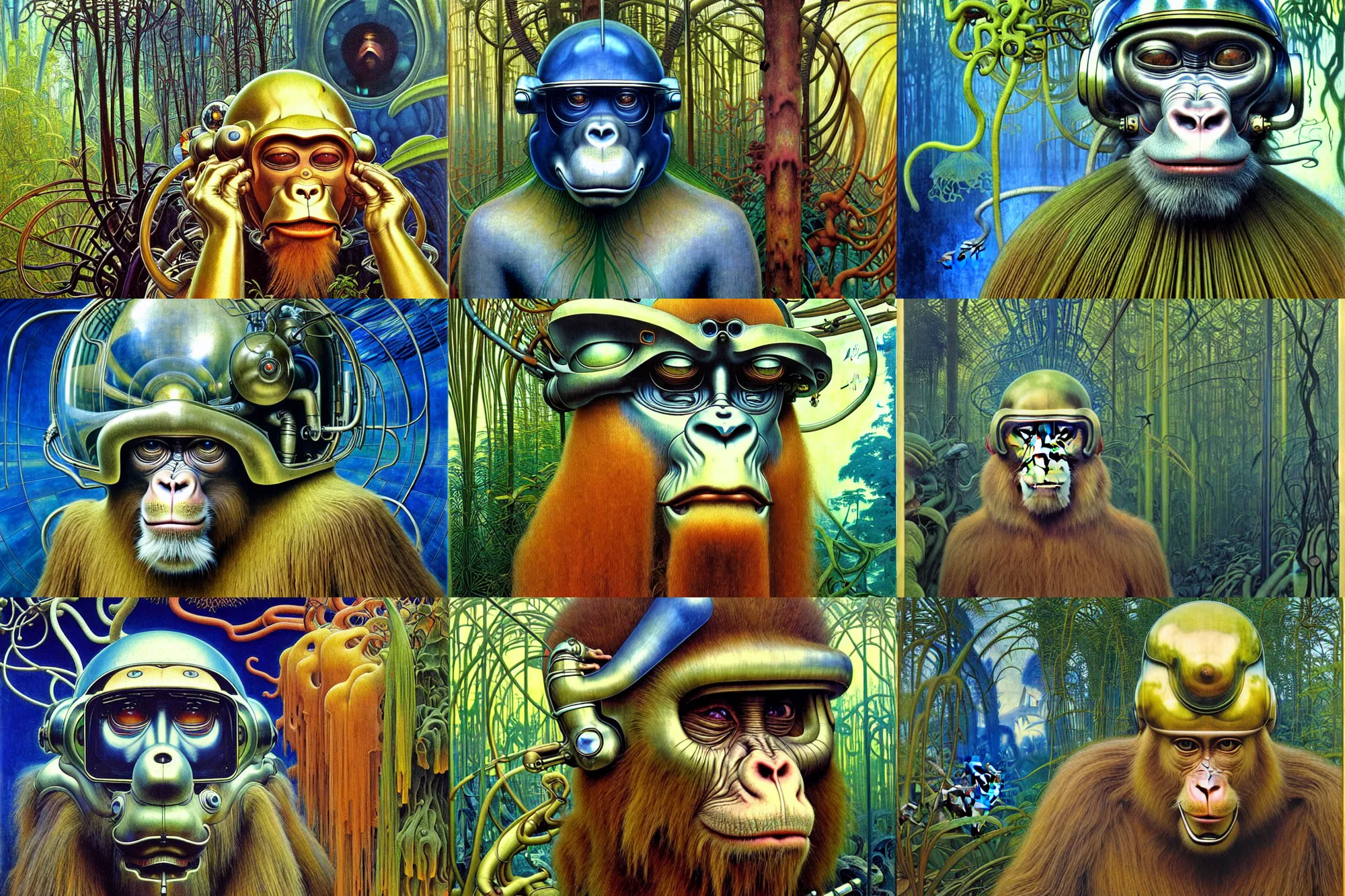 Prompt: realistic extremely detailed portrait painting of a wise ape wearing sci-fi helmet, futuristic sci-fi forest on background by Jean Delville, Amano, Yves Tanguy, Alphonse Mucha, Ernst Haeckel, Edward Robert Hughes, Roger Dean, rich moody colours, blue eyes