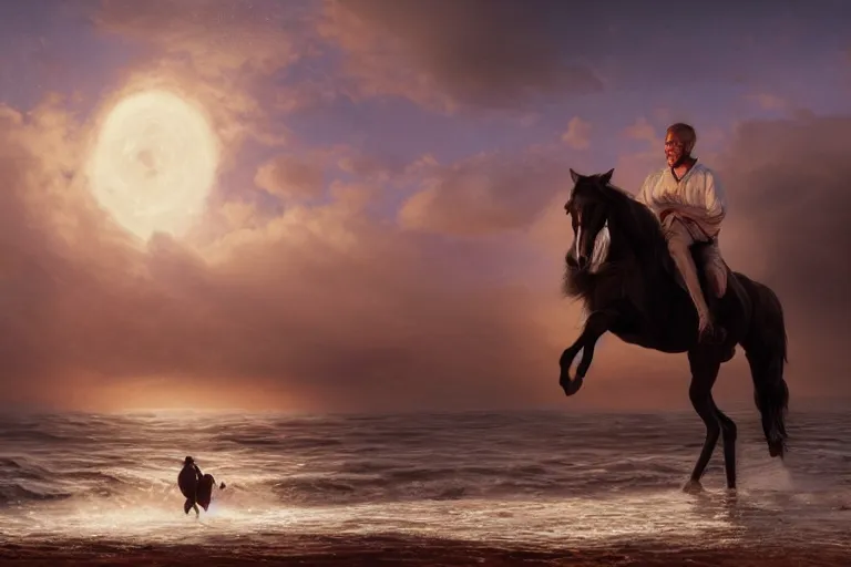 Image similar to photo of man riding a horse along the beach, glowing underwater waves toward a lighthouse in the distance guiding his way, silhouette, wide horizon, large white clouds, night, intricate, elegant, highly detailed, digital painting, artstation, concept art, smooth, sharp focus, illustration, art by artgerm and greg rutkowski and fra angelico