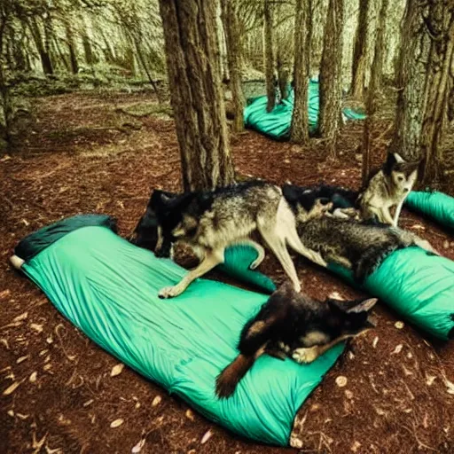 Image similar to a pack of wolves in a forest surrounding a sleeping bag