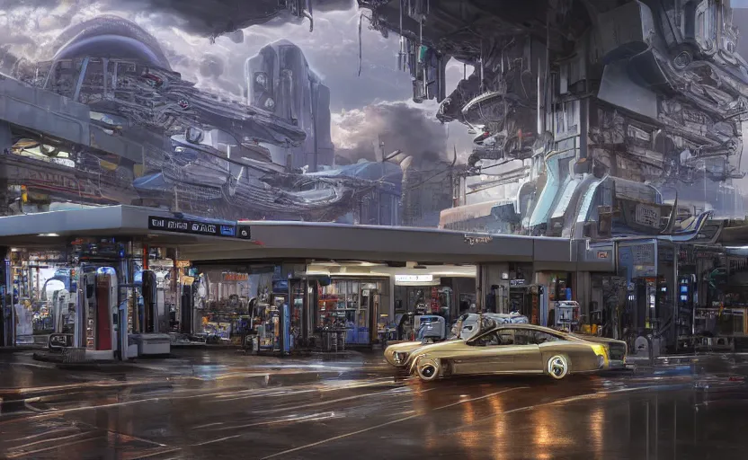 Image similar to Gas station, hyperrealistic mixed media, stunning 3d render inspired art by P. Craig Russell and Barry Windsor-Smith + perfect facial symmetry + dim volumetric lighting, 8k octane beautifully detailed render, post-processing, extremely hyperdetailed, intricate futuristic mechanic parts, epic composition, grim yet sparkling atmosphere, cinematic lighting + masterpiece, trending on artstation