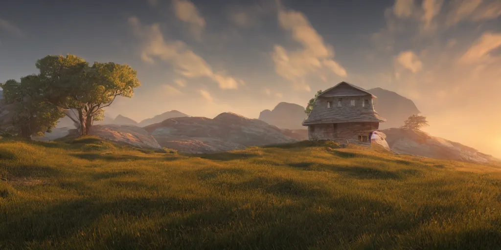 Image similar to a serene mountainous landscape with a singular building at sunrise, concept art, octane render, unreal engine 5, trending on DeviantArt, highly detailed, high quality, 4K, symmetrical, godrays, complementary colors, path traced, matte painting, breathtaking landscape, epic image, soft lighting