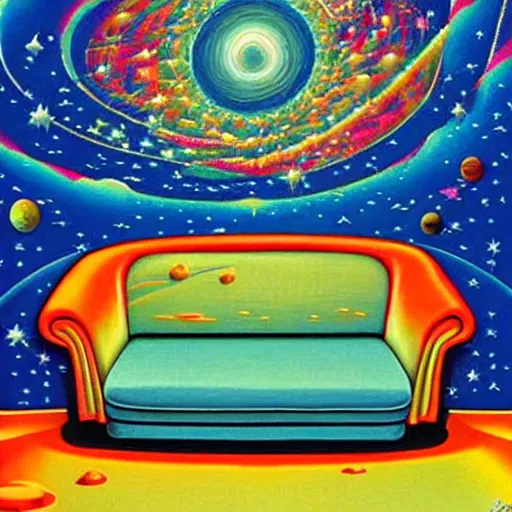 Prompt: psychedelic trippy couch in space, planets, milky way, sofa, cartoon by rob gonsalves