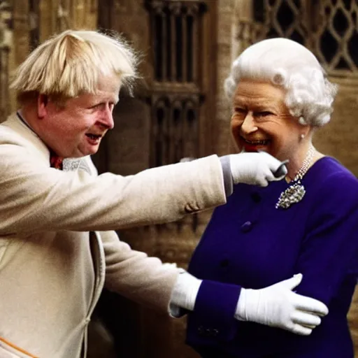 Prompt: Queen Elizabeth firing Boris Johnson in the cathedral, real photo, funny,