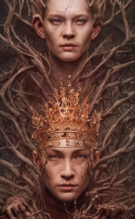 Image similar to eleven king gives away the forest crown to the prince, symmetrical face features, front game card, drark, marvel comics, dark, intricate, highly detailed, smooth, artstation, digital illustration by ruan jia and mandy jurgens and artgerm and wayne barlowe and greg rutkowski and zdislav beksinski