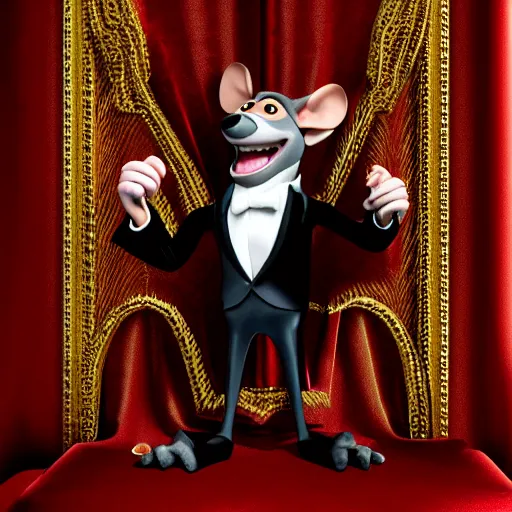 Image similar to 3d anthropomorphic rat, pixar, holding pistol, velvet, fur coat, high quality, expensive silk, gold detailing, fendi, high fashion