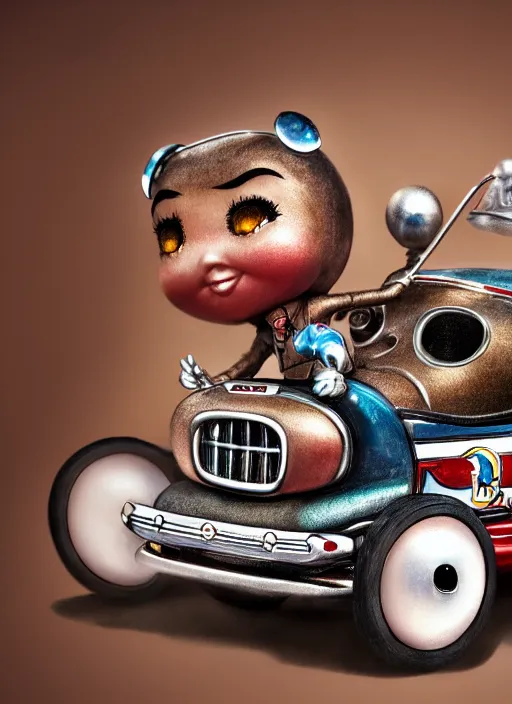 Image similar to highly detailed closeup portrait of a cute tin toy retro racing car, nicoletta ceccoli, mark ryden, lostfish, earl nore, hyung tae, frank frazetta, global illumination, god rays, detailed and intricate environment