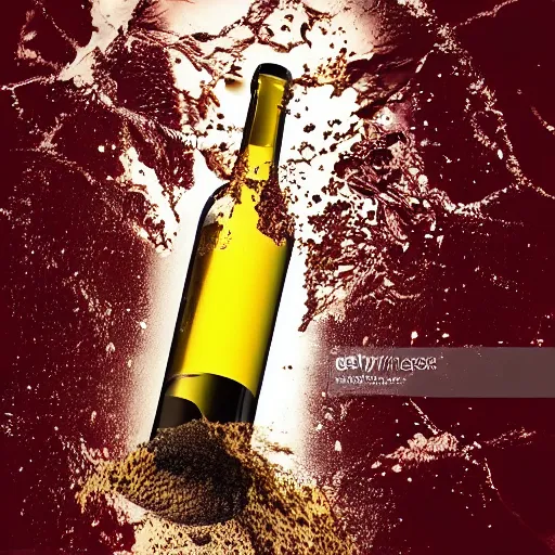 Image similar to wine bottle hitting the floor, bottom part explode into pieces letting the wine escape but bottle upper part remain clean, clear view on the label, cinematographic realistic look