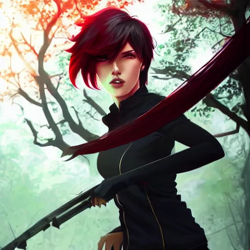 Prompt: realistic render of ruby rose from rwby by ross draws, forest background by ilya kuvshinov, digital anime art by ross tran, composition by sana takeda, lighting by greg rutkowski