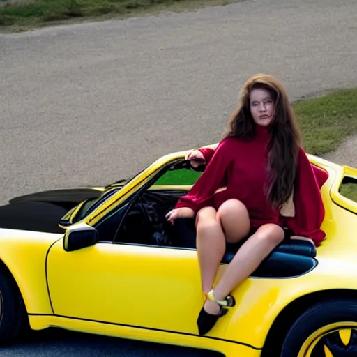 Image similar to an attractive young women reclining on a yellow 1 9 8 5 porsche 9 1 1 turbo, photo 4 k