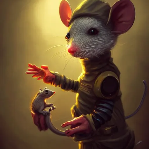 Prompt: cute little anthropomorphic rat wearing techwear outfit, ultra wide lens shot , tiny, small, short, cute and adorable, pretty, beautiful, DnD character art portrait, matte fantasy painting, DeviantArt Artstation, by Jason Felix by Steve Argyle by Tyler Jacobson by Peter Mohrbacher, cinematic lighting