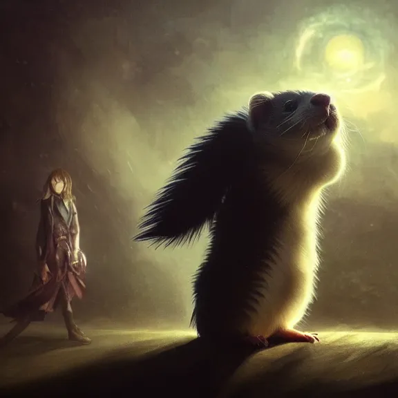 Prompt: a movie still from final fantasy live action, a ferret with personality, evocative, mystical night, sharp focus, very very very very detailed, award winning, masterpiece digital painting by greg rutkowski, alex grey, marc adamus, beautiful dramatic lighting, artstation, 4 k wallpaper, style by peter deligdisch, peterdraws