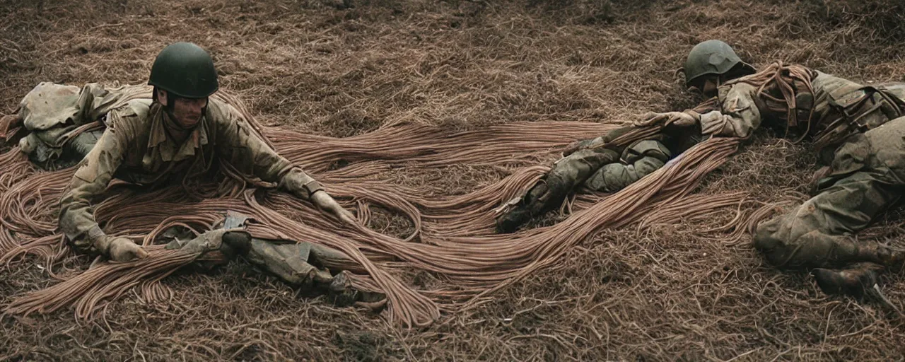 Image similar to dead soldiers on the battlefield, wrapping spaghetti, fog of war, canon 5 0 mm, high detail, intricate, cinematic lighting, photography, wes anderson, film, kodachrome
