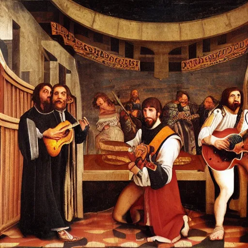 Image similar to The Beatles playing in the Globe Theatre, Renaissance art oil painting,