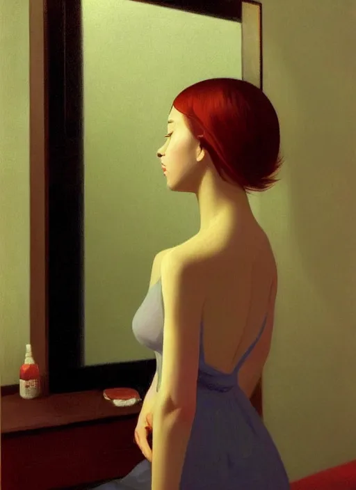 Image similar to a beautiful muse captivatingly dreaming and brushing her hair in front of a mirror made of dread, nightmare dream from the Ring, in style of Ilya Kuvshinov and Edward Hopper, highly detailed